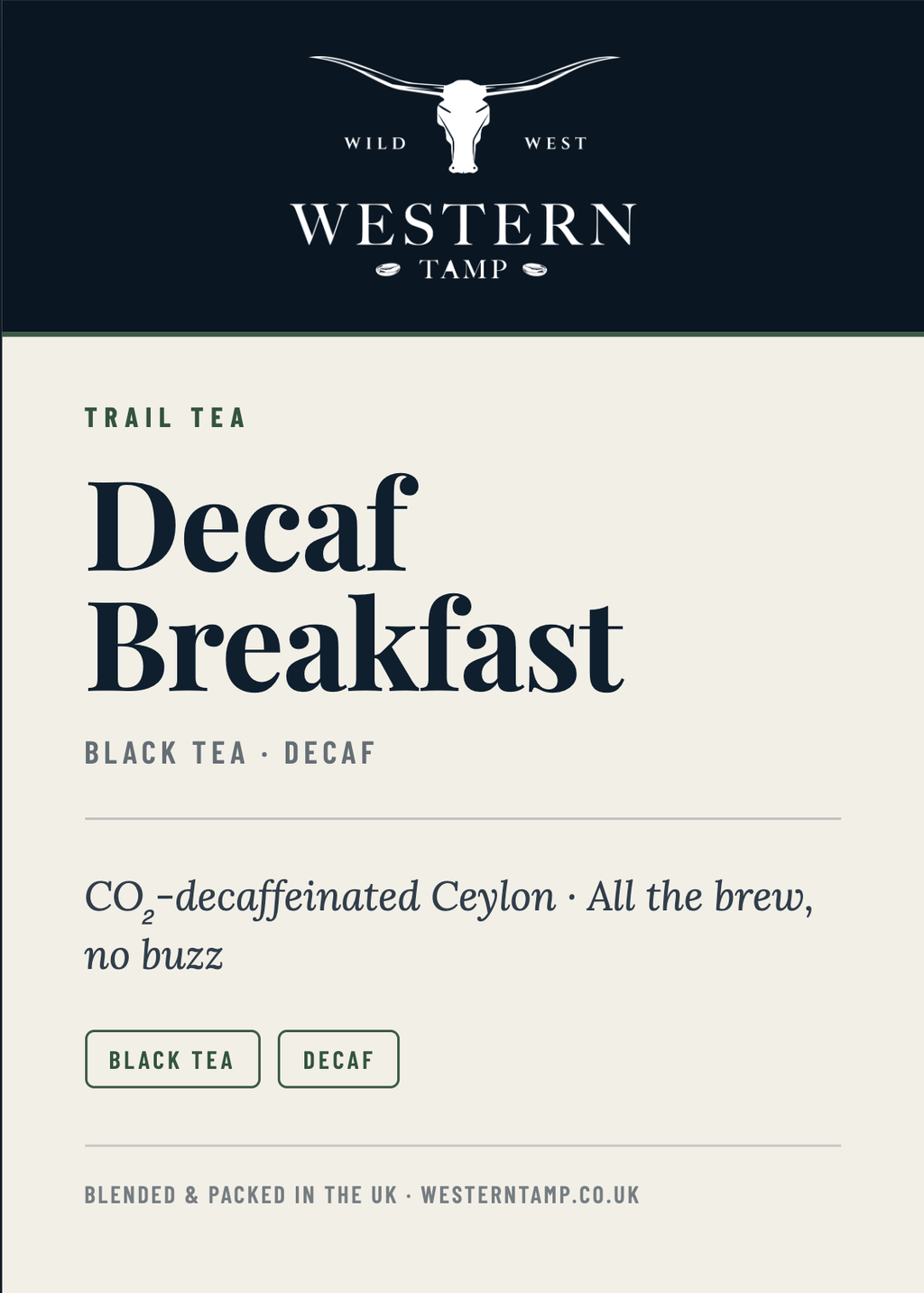 Trail Tea · Decaf Breakfast — label