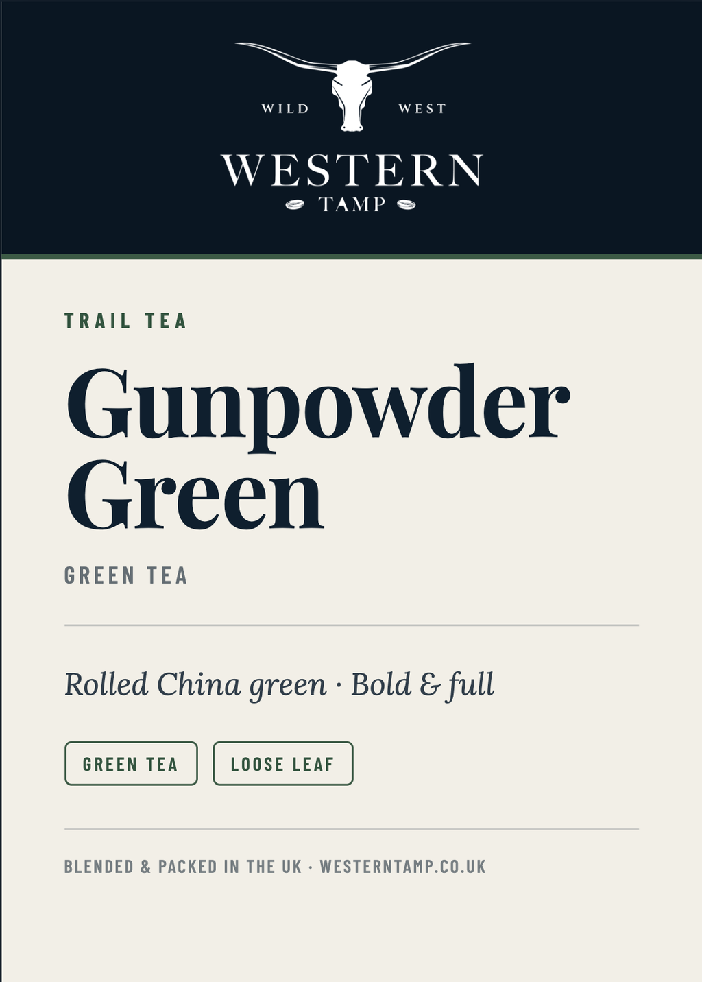 Trail Tea · Gunpowder Green — label